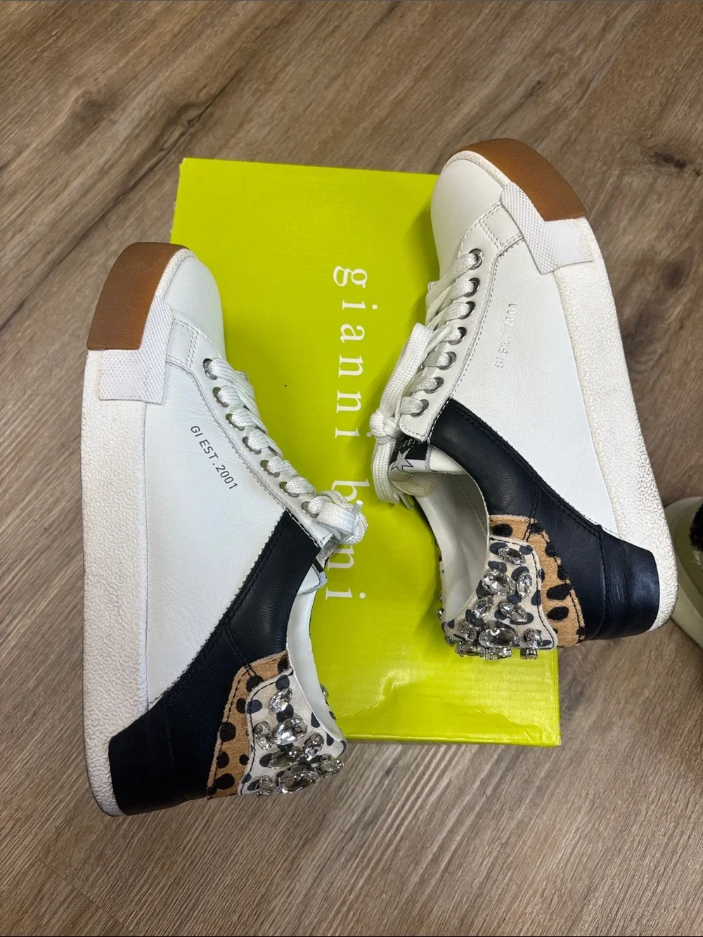 Gianni Bini White Leather Sneakers with Black Heel & Brown Sole